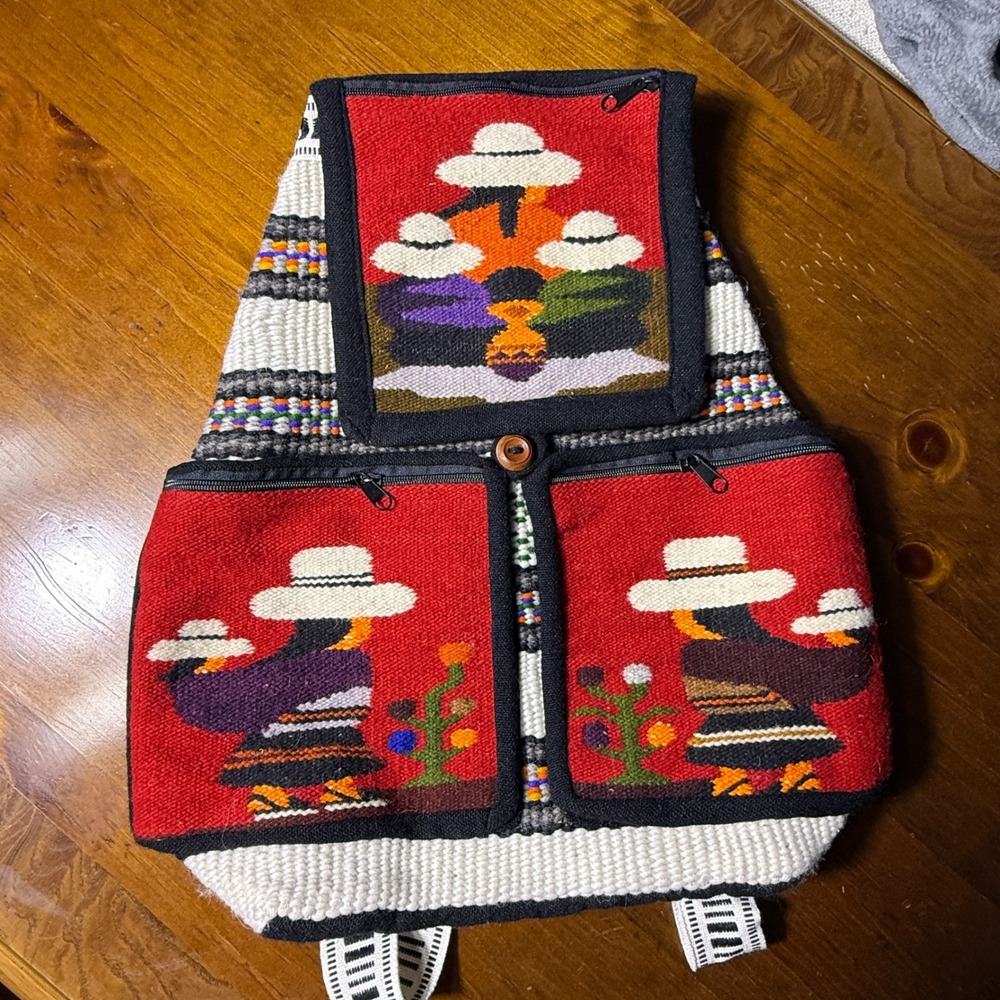 Vintage Hand Woven Wool Backpack South American Folk Art Red White Multi Pocket
